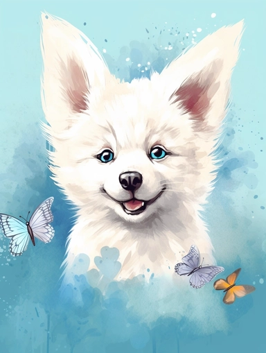 cute happy white wolf cub with butterfly on the nose, pastel watercolor, clipart, solid background