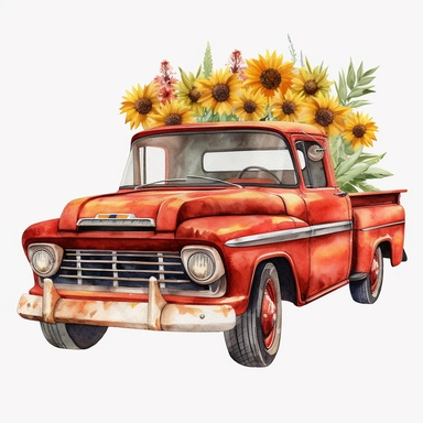watercolor chevrolet red truck with sunflower png clipart