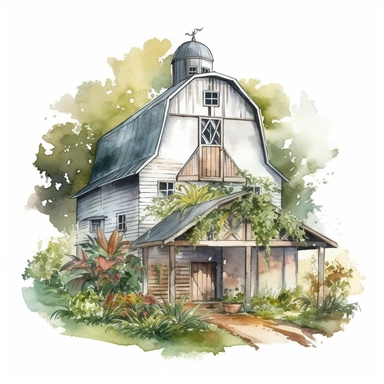 white Gambrel Roofed Barn, painted white, pretty white barn, farmyard with plants trees and farm accessories, detailed watercolor illustration, light color scheme, isolated on white background, white border, clipart