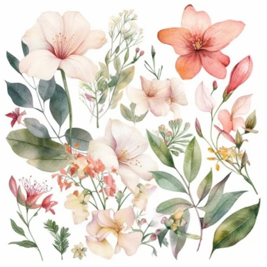 Stunning clipart watercolor artworks of flowers and plants should be created in a light and minimalistic style, with a focus on the delicate beauty of each individual flower or plant. The artwork should be painted with a loose watercolor technique, using a prominent watercolor style to emphasize the delicate and intricate technique. Light, airy hues and pastel tones should be utilized to bring out the softness of the flowers and plants, while keeping the overall design minimalistic. The unique f