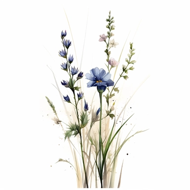 clean minimalistic wildflowers watercolor flower painting, in the style of watercolor landscapes, romantic and nostalgic themes, highly detailed and defined brush strokes of each stalk and grass and buds skillful clipart clean white background high contrast 16k resolution dark outlines