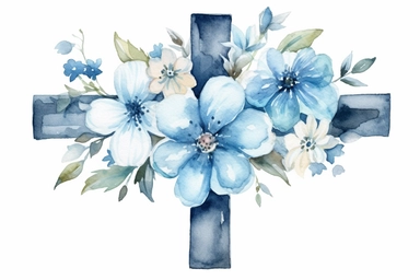 watercolor cross clipart, blue color, with flowers, hd, on white background, spaced out