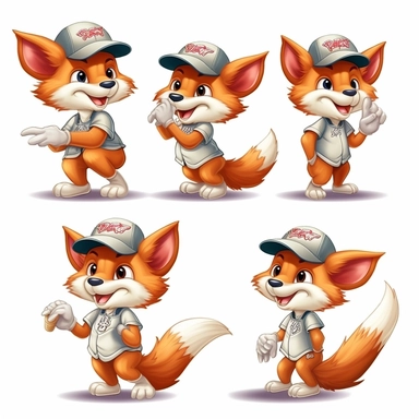four clip art images of an older cartoon fox wearing a baseball hat, white background