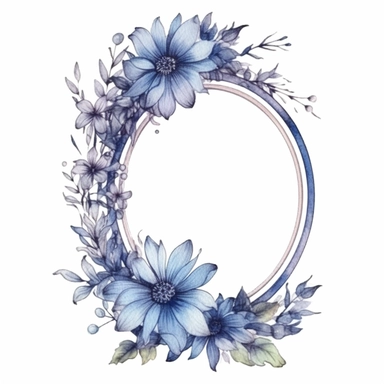 watercolor clipart of a empty suttle dainty floral oval frame surrounded by dusty blue color flowers. Capture the essence of blooming beauty and intricate details in your artwork, white background