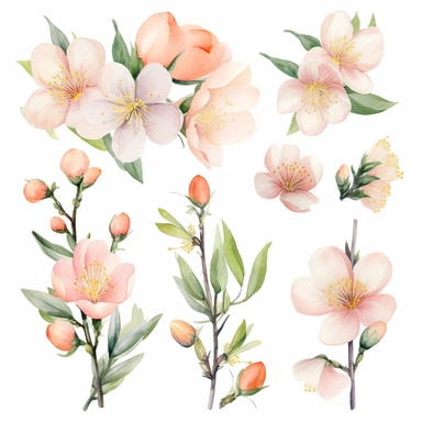 Trendy watercolor clipart featuring delicate peach blossoms painted in soft pastel tones, accompanied by five ripe peaches in the picture. The watercolor medium brings out the ethereal beauty of the blossoms, with intricate brushstrokes capturing their graceful petals and intricate details. The peaches add a touch of vibrant color and visual interest to the composition, complementing the softness of the blossoms. The trendy design incorporates a modern color palette, blending subtle and harmonio