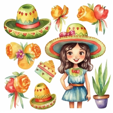 Watercolor cinco de mayo decorations, illustrations clipart set, simple, cinco de mayo colors, cartoon elements, different variants, cinco de mayo mexican hat, fiesta, mexican maracas, cute little girl with traditional mexican dress and hat, cinco de mayo sugar skulls, cinco de mayorose, separate elements with a margin