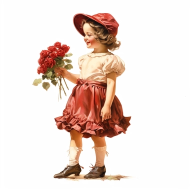 Happy beautiful little vintage royal girl with ruby red roses, profile full body, oil clipart style, accurate details, oil painting technique, super high quality, professional watercolor clipart, high resolution, 8k, isolated white background
