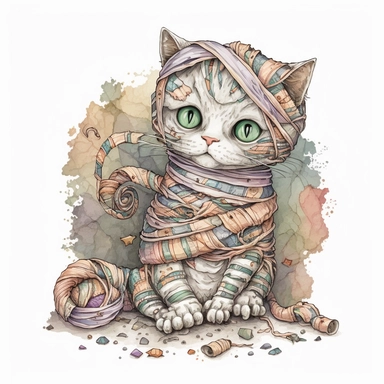 cute mummy cat halloween, Watercolor style, Clipart,highly detailed on white background