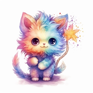 A colorful cat holding a magic wand.