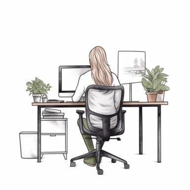 scandinavian woman in a chair in front of a minimalist office desk with a monitor on it, back view, clipart, isolated on white