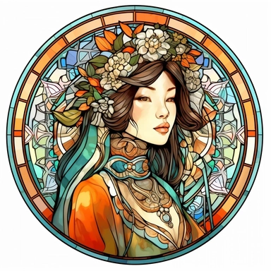 Vintage Cute Beautiful Round Stained Glass Asian Girl Sublimation Clipart, Cartoon, hyper realistic, intricate detail, illustration style, high solution, on the white background