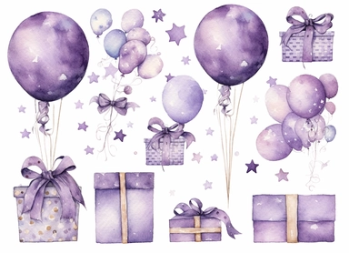 watercolor clipart of cute party favors such as balloons/flowers/clouds/stars/moon/planet/bow-tye/ribbons/party decorations, all spaced out to avoid cluttering the design, in the style of light silver and light purple, victorian-inspired illustrations, nature-inspired pieces, playful compositions, plush doll art, high resolution, isolated on a white background