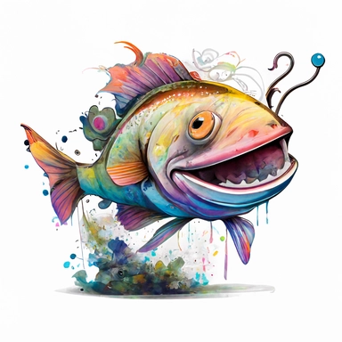 happy colorful big fish with a beautiful smile watching on a big hook and show with eyes that everyone is crazy, CLIPART sticker set, watercolor, ink, ultra-detailed, cartoon style, white background, black outside lines