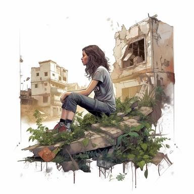 post-apocolyptic Female sitting on pile of rubble, overgrown foliage, delapidated buildings, post-apocolyptic environment, feeling of abandonment, artistic vector border, artistic clipart border, grey, green