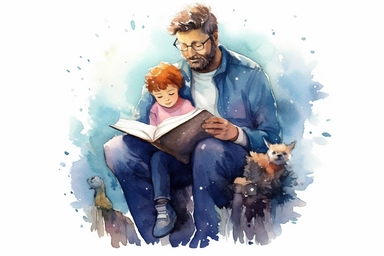 A colorful watercolour cuteA dad reading a bedtime story to his child top view, ink, Ghibli style, 8k, Leyka 35mm very detail clipart on white background space out 8k