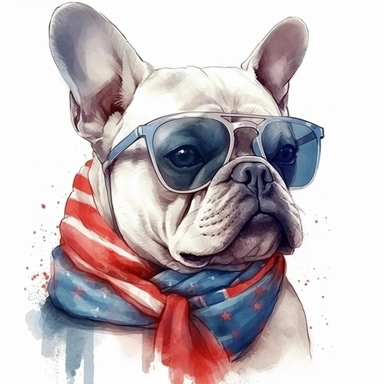 closeups shot, low angle, watercolor style, French Bulldog, wears American flag scarf and sunglasses, hyper-realistic animal illustrations, 2d game art, quadratura, clipart, on white background