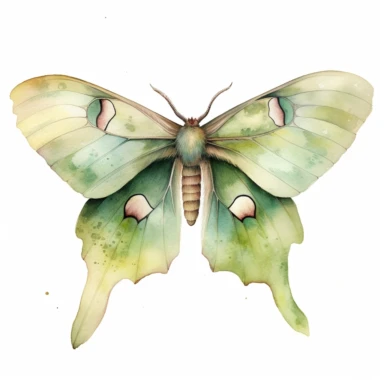 Transform the delicate beauty of the Luna moth into watercolour clipart with its ethereal green wings and graceful shape, in HD and vibrant colors on a white background.