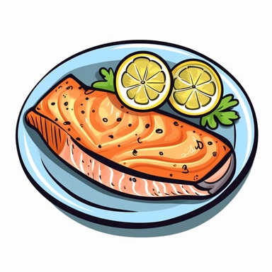 top view of a dish of Grilled Salmon with Citrus Glaze on a white round plate, cartoon clipart, vector, white background cartoon doodle line, thick outline, low detail, cute