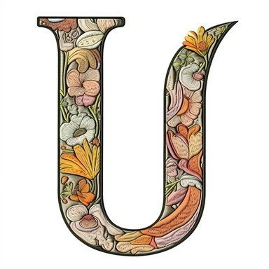 Floral Machine Embroidery, detailed illustration, clipart, white background, letter U