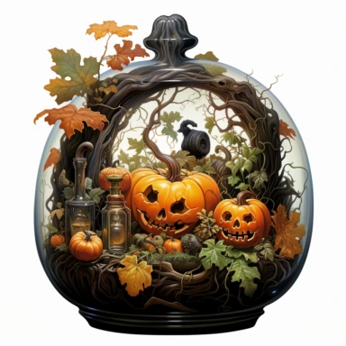 an svg vector clipart image of a Halloween still life oil painting inside an organic shape, Thomas Kincade style, hyper realistic, plain white background