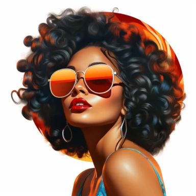 face of a beautiful black girl from the 50s, stunned, afro hairstyle, sunglasses loosely on her nose, makeup in warm vibrant colors, she looks smiling at her face with a finger as if advertising her makeup, clipart, white background, Pixar style,--v 5