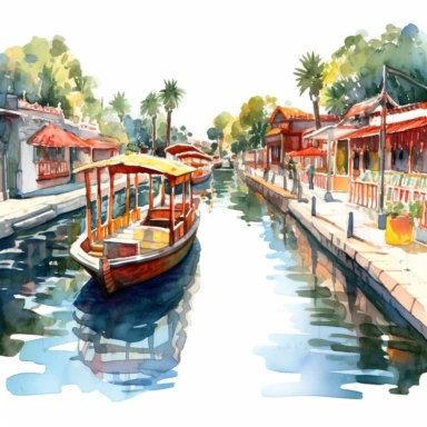 a Mexico Xochimilco Canals in the style of watercolour clipart with detailed brush strokes