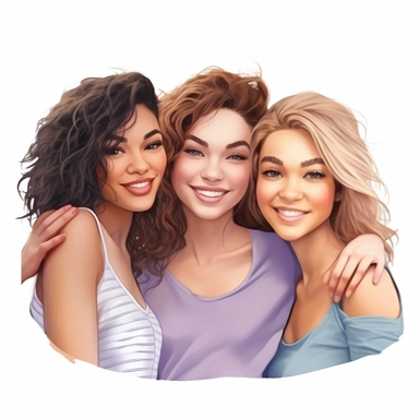 asian american, african american and european feminine best friends realistic illustration clipart, isolated on white background, 4K