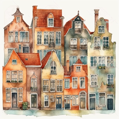 Dutch houses, clipart, watercolor, illustration