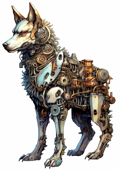 Steampunk Gray wolf clipart, realistic, Watercolor Retro Futuristic Victorian Era, art picture, full body, watercolor, multicolor, white background, lots of details, high quality - 8K,