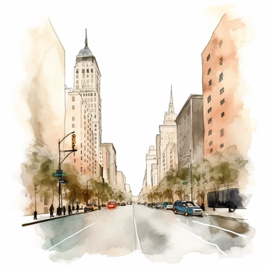 Fifth avenue in New York in the style of delicate minimalistic illustration, sparse and simple bright watercolor, mostly blank, dotted, plenty of white space, low view, 8k, high resolution, hyper quality, separate element, clipart, white background