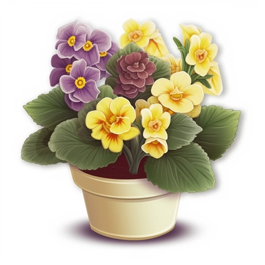 Isometric Sticker Clip Art of Primroses, Primula Flower, in flower Pot, children friendly, illustrated in a realistic style, perfect for any special occasion, cut out in the shape of Primroses, with no visible background, giving it the appearance of a sticker, conveying a mystical and whimsical mood, edited with Adobe Photoshop to adjust brightness and contrast, rendered as a transparent PNG file with a high resolution to ensure a crisp and clear image with no pixelation, suitable for various ap