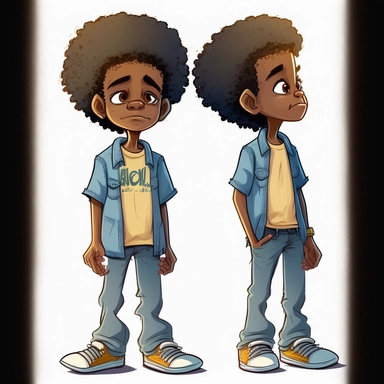 son of Draymon, 7 year old black man, illustration for children's book, multiple angles, back facing camera, 360 degree character, 7 years old, curly black and gray faded flat top afro, large eyes, wearing blue jeans, yellow shirt, brown shoes, Watercolor Clipart, strybk, full Illustration, 4k, sharp focus, watercolor, smooth soft skin, symmetrical, soft lighting, detailed face, watercolor style, strybk, Octane rendering, 3d. Perfect face, detailed face, delicate face, perfect round lips, detail
