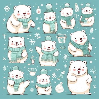 Charming polar bear clipart in the style of hikari shimoda, showcasing these adorable arctic animals in various playful poses and expressions, adorned with winter accessories