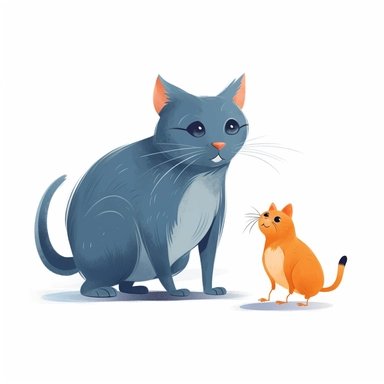 The cat is standing nearby the small gray mouse, children storybook illustration. 2d, vibrant luminous colors, flat style, ink Lines, clipart, white empty background, sharp, high resolution, blue orange warm