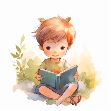 cute little boy reading a book, folk art, watercolor, clipart elements, kawaii, white background