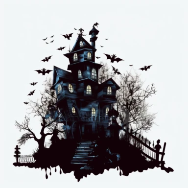 scary dark haunted house halloween silhouettes ultra highly detailed, 18k, sharp focus, high definition, intricate detailed png image, 300dpi, graphic clipart, computer graphics, With white background for removing, no text on image