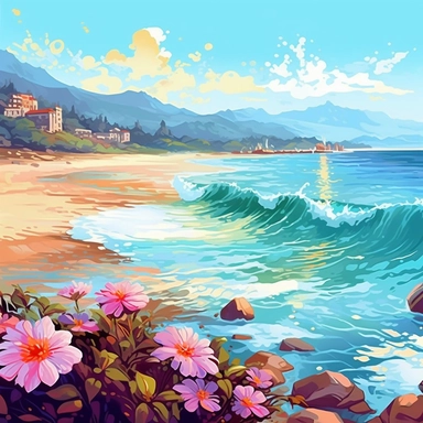 artwork majestic beach in digital painting style , beautiful flowers, sunrise mountains and clouds , big sea waves, water splashes, white background, colorful fantasy flower sorround, highly detailed clean, vector image, photorealistic masterpiece, professional photography, realistic, flat white background, isometric, vibrant vector, clipart, illustration, realism, 4k, , cinematic, front view, white background
