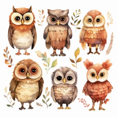 Woodland Animals Clipart Watercolor owls,multiple poses,no background