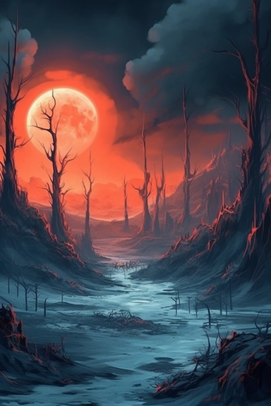 realistic clipart of enchanted winter hell landscape, digital painting