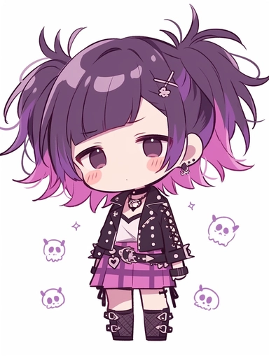 cute anime chibi girl, loligoth style, purple hair, emo attitude, clipart, no background