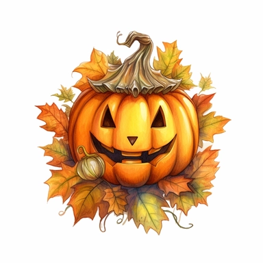 cute hand drawn png clip art color art of jack o’ lantern with fall leaves