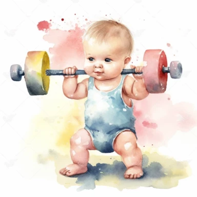 watercolour clipart of an European baby lifting weights