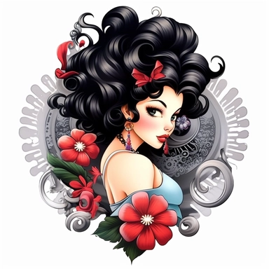 design cover tattoed junko mizuno, disney films,paint style, pin up 50's style,clipart,white background