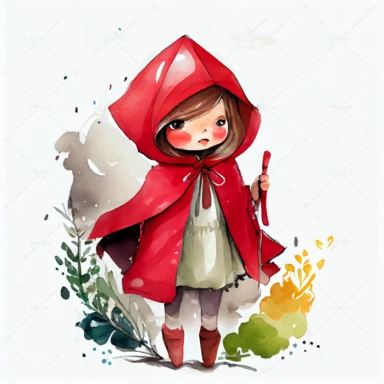 Adorable watercolor painting of a cute Little Red Riding Hood smiling charming storybook style clipart white background,