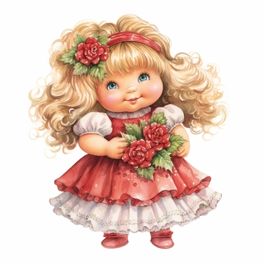 a fully body Cute christmas cabbage patch doll in wearing a red pretty christmas dress clipart, happy, watercolor, pretty eyes, flowers, roses, sarah kay
