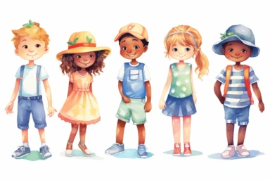 6 adorable watercolor cute small happy kids diverse races in summer outfit illustration for kids clipart, hd, isolated on white background, spaced out