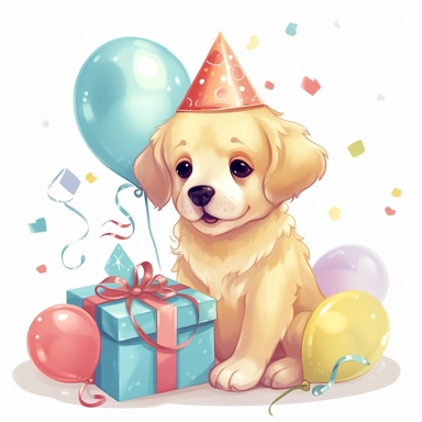 clipart of a cute golden retriever puppy wearing birthday hat, include balloons, presents, kawaii style illustration, white background