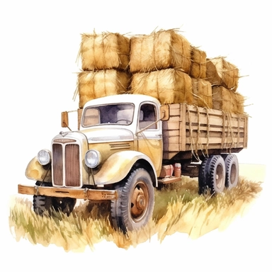 realistic watercolor drawing of a vintage truck in Italy with bales of hay, on a white background where the background will be removed to repurpose as a clipart.