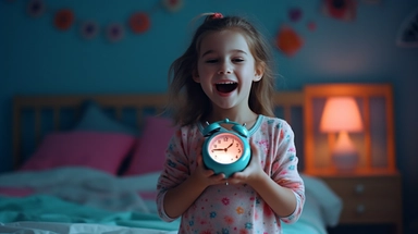 American girl with Mother, High Bright, 5-6 years old, Holding an alarm clock, Cute headphone, Caucasian, Blue eyes, Cute smile, Showing teeth, Sweet laughter, Playful, Cute, Looking at camera, Colorful LED light, Full-body shot, Children's room background, Playful and cute, Child-friendly furniture, Colorful decorations, Dreamy, Blurred background, Glowing rabbit ear, hair clip, Large sensor camera, diffused lighting, High-definition,