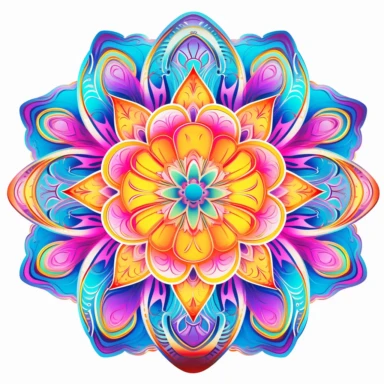 Clipart. White background. Vibrant neon mandalas illuminate the foreground with their intricate and mesmerizing patterns. The bold use of neon colors adds an electrifying energy and modern aesthetic to the traditional art form, symbolizing the dynamic nature of cultural evolution and artistic expression. Delicate lotus flowers, sacred geometric shapes, or subtle references to spiritual concepts enhance the depth and meaning of the artwork, inviting viewers into a meditative and transformative ex
